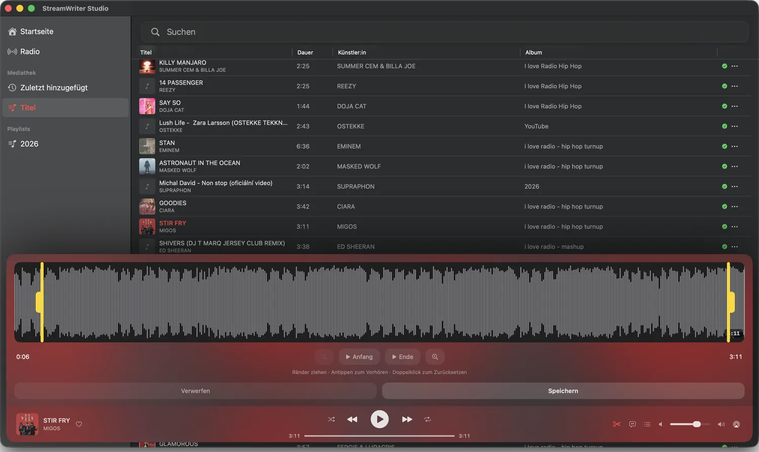 StreamWriter Studio – Stream im Wellenform-Editor schneiden