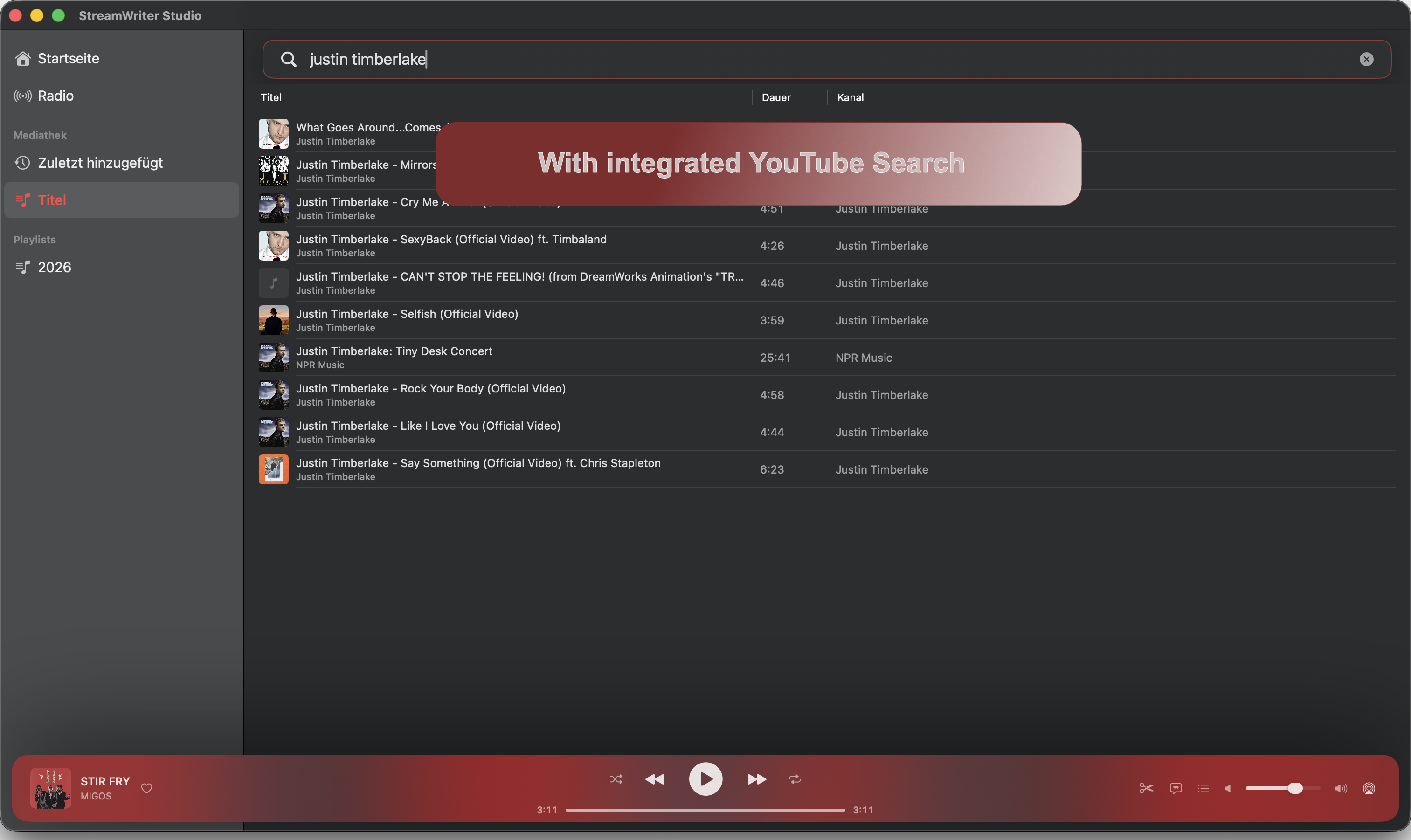 StreamWriter Studio – YouTube-Suche direkt in der App