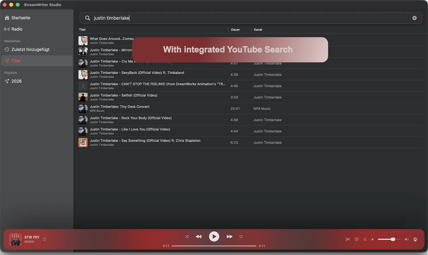 StreamWriter Studio – YouTube-Suche in der App